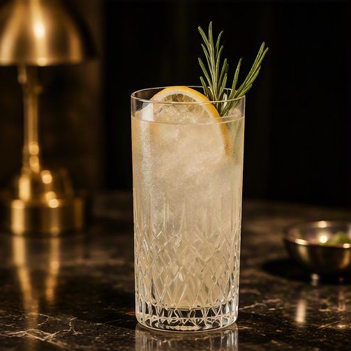 A tall gin cocktail with lemon and rosemary