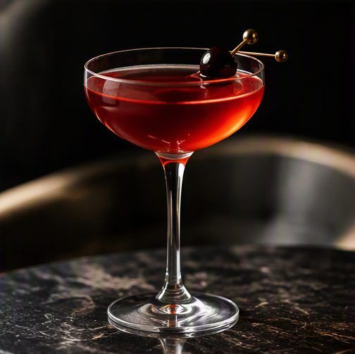 A red cocktail in a coupe with a cherry pick