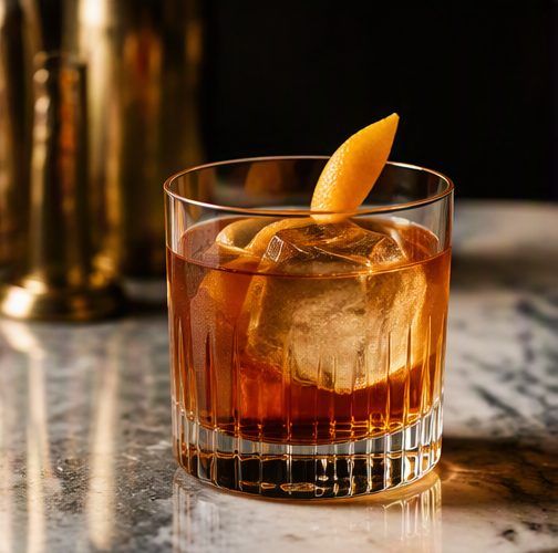An old fashioned with an orange twist over a large ice cube