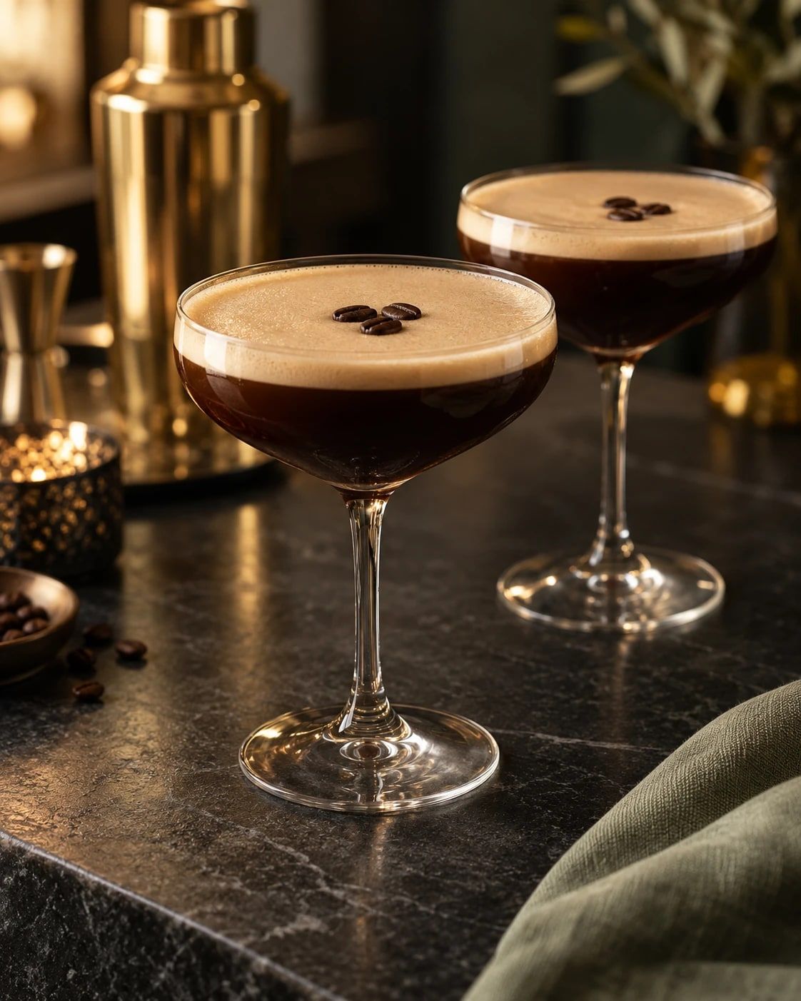 Two espresso martinis topped with coffee beans on a dark marble bar