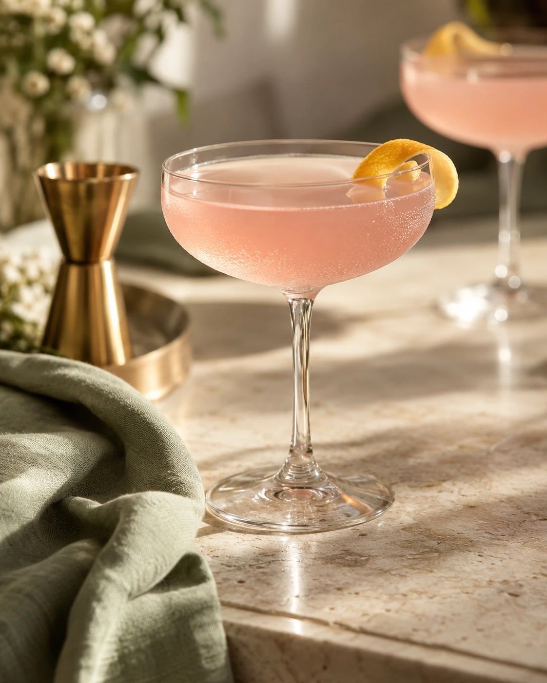 A pale pink cocktail in a coupe with a lemon twist, beside a brass jigger