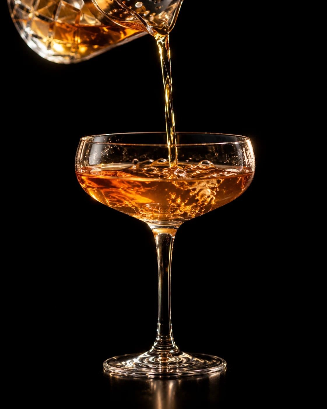 An amber cocktail being poured into a coupe against a black background