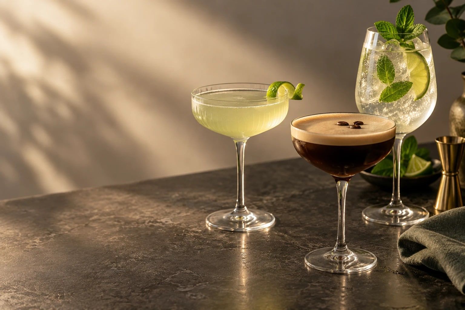 A daiquiri, an espresso martini and a mint spritz on a dark stone counter